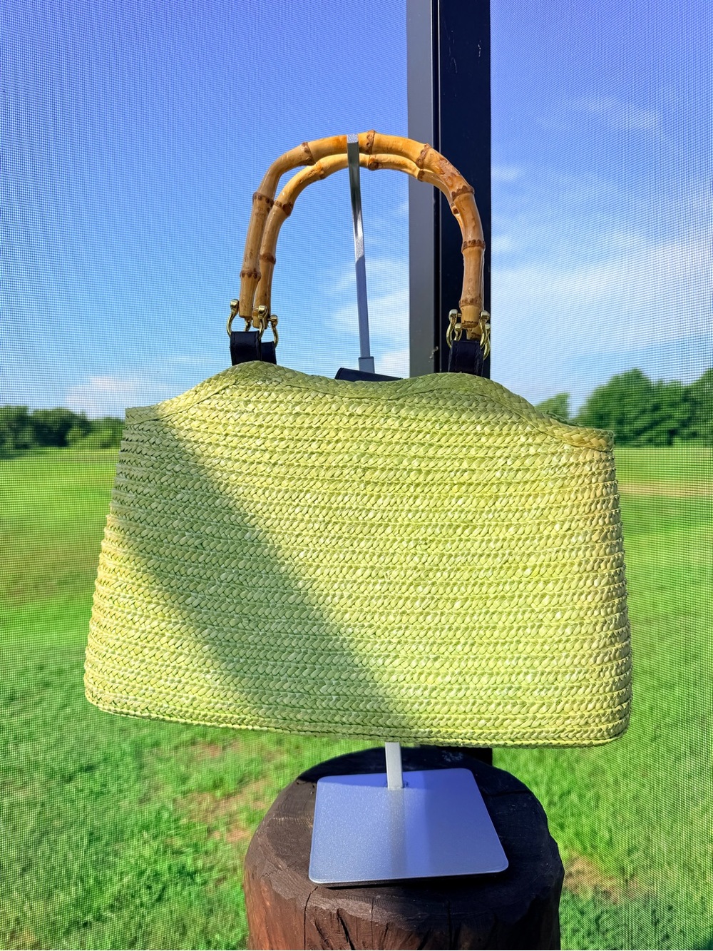 Lime Green Straw Woven Handbag Bamboo Handles Summer Beach Resort Purse